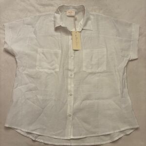 Allie Rose White Linen Blend Button-Up Shirt | Short Sleeve | NWT | Size M